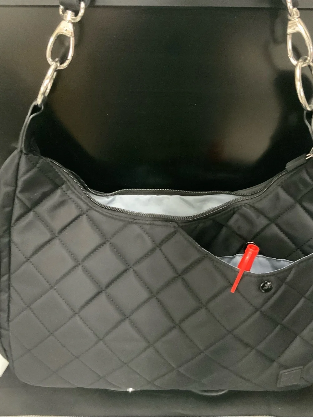 Quilted Black Shoulder Bag with Silver Accents - Picture 2 of 10